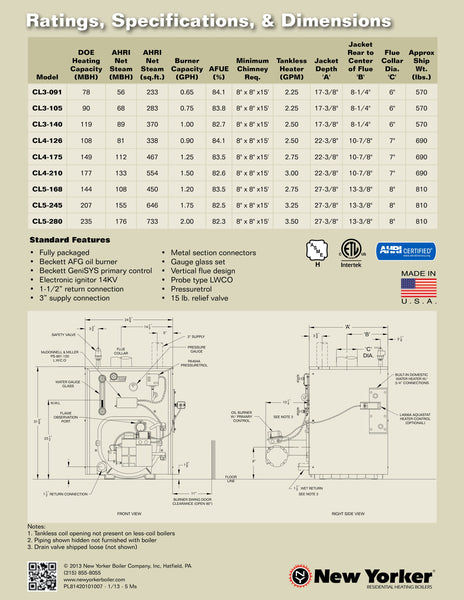 NEW YORKER CL STEAM SERIES CAST IRON OIL HEAT BOILER