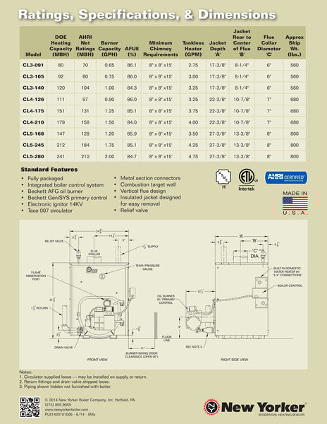 NEW YORKER CL WATER SERIES CAST IRON OIL HEAT BOILER