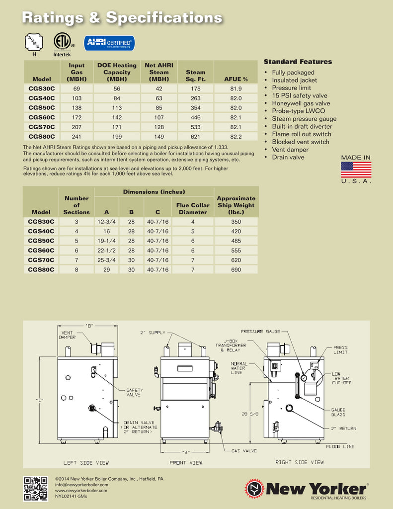 NEW YORKER CGSC STEAM SERIES CAST IRON GAS HEAT BOILER Linkup Boiler