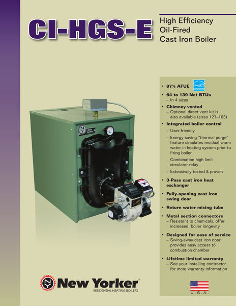 NEW YORKER CI-HGS 3-PASS WATER SERIES CAST IRON OIL HEAT BOILER