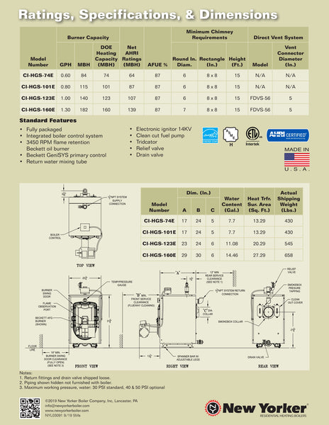 NEW YORKER CI-HGS 3-PASS WATER SERIES CAST IRON OIL HEAT BOILER